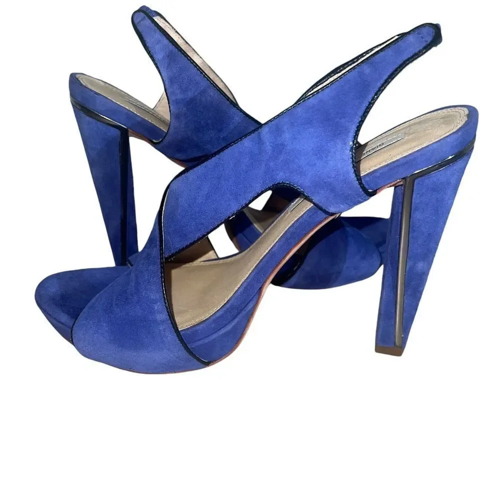 DVF Diane Von Furtensberg Womens Heels Sandal Strappy Suede Blue Silver Size 9